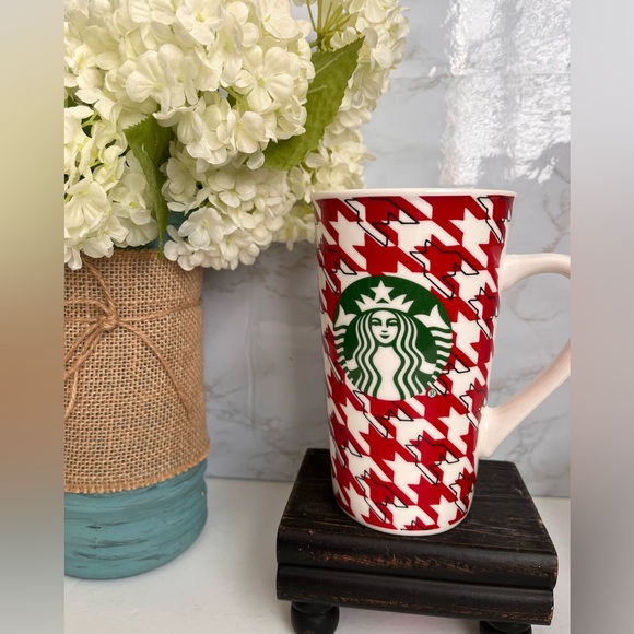 EUC Starbucks Coffee Mug Houndstooth 2017 Tall 16 oz. Red & White w/Mermaid - Picture 2 of 6